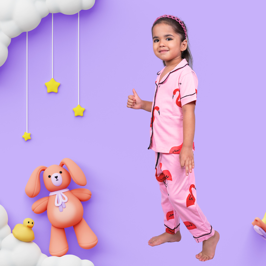 100% cotton Flamingo print unisex night suits/ nightwear pyjama set for kids by NapStory