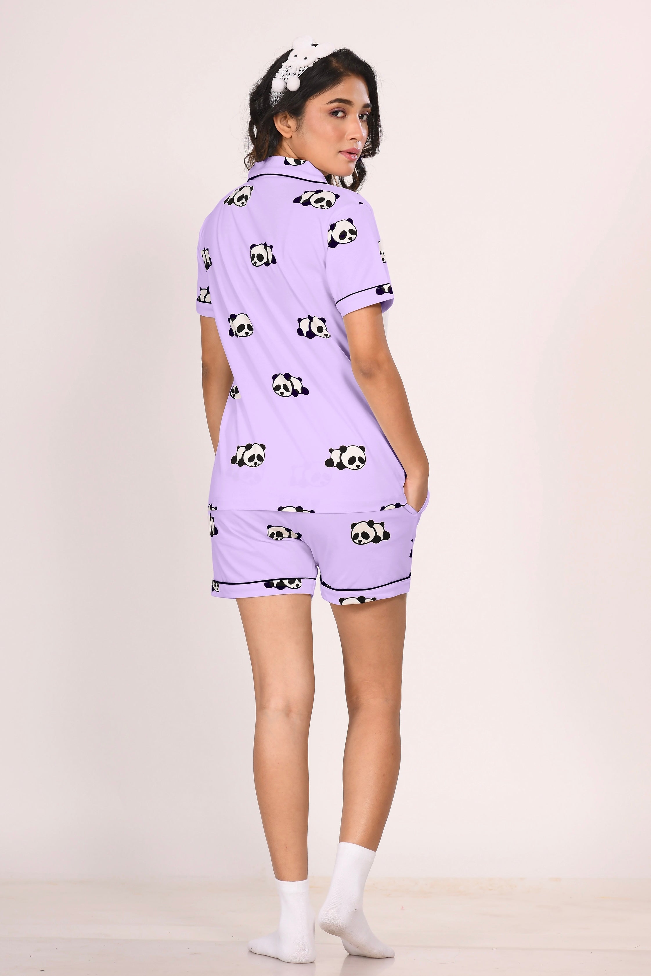 Back view of purple panda print shorts set for women, ideal for nightwear or loungewear.