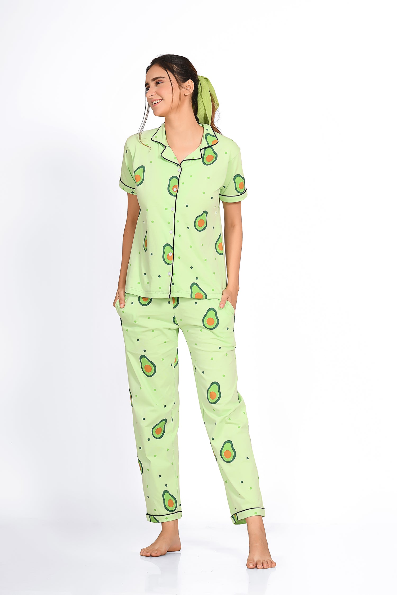 Woman wearing light green colour avocado print night suit/ pyjama set - Napstory