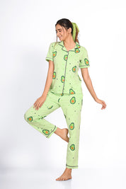 Woman wearing light green avocado print night suit/ pyjama set - Napstory