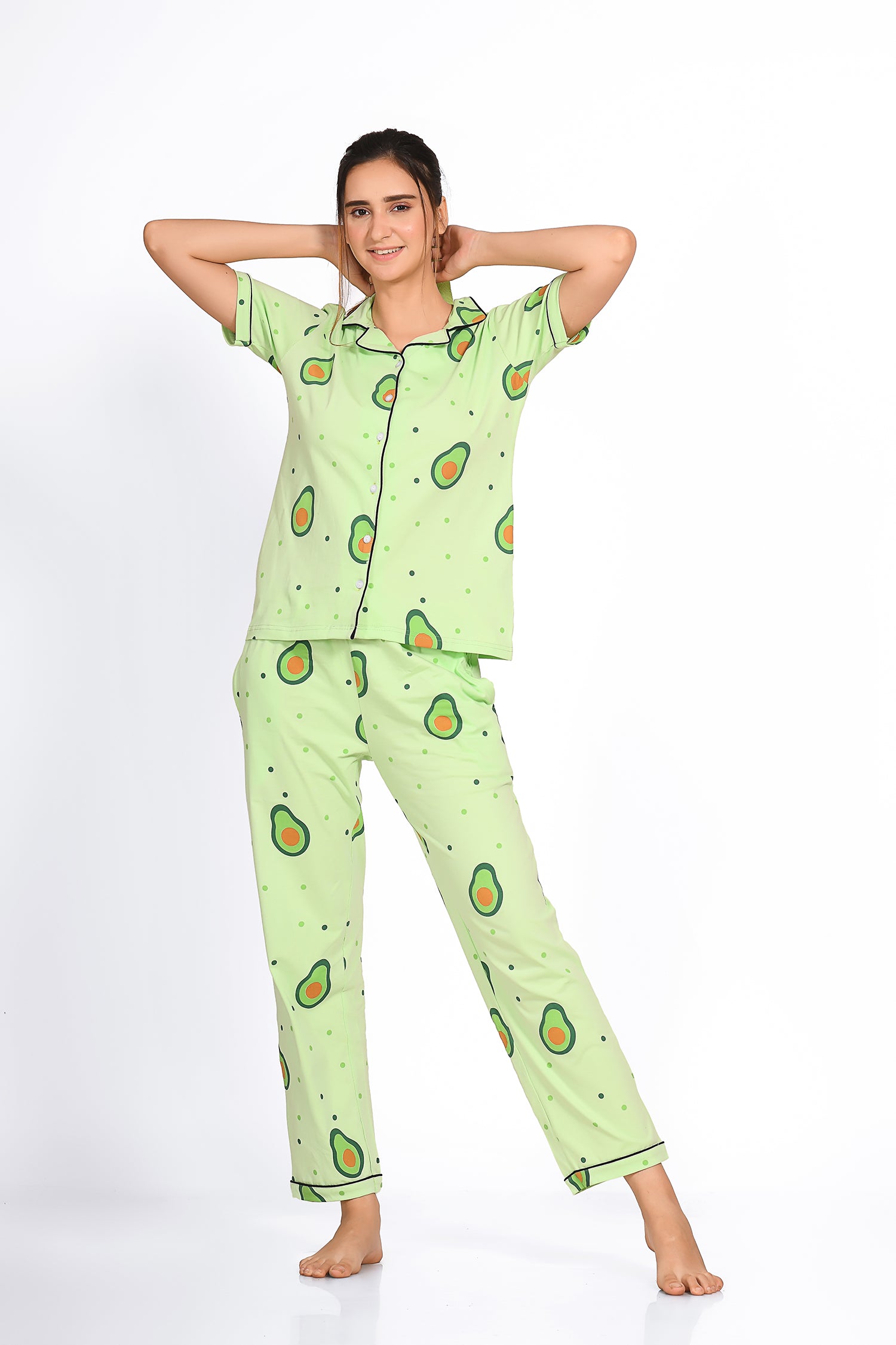 Woman wearing light green avocado print night suit/ pyjama set - Napstory