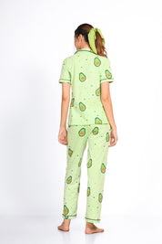 Back view of woman wearing light green colour avocado print night suit/ pyjama set - Napstory