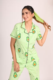 Woman wearing light green colour avocado print night suit/ pyjama set - Napstory