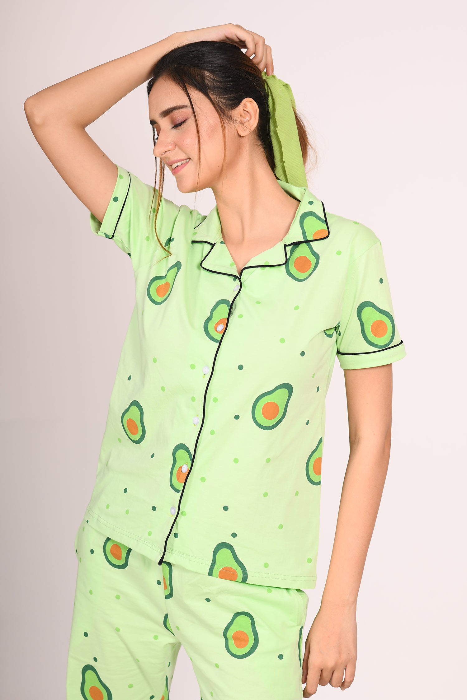 Woman wearing light green colour avocado print night suit/ pyjama set - Napstory