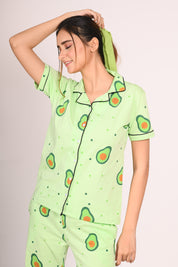 Woman wearing light green colour avocado print night suit/ pyjama set - Napstory