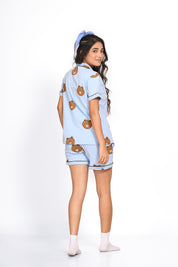 Back view of an animal (Bear) print nightwear shorts set by NapStory