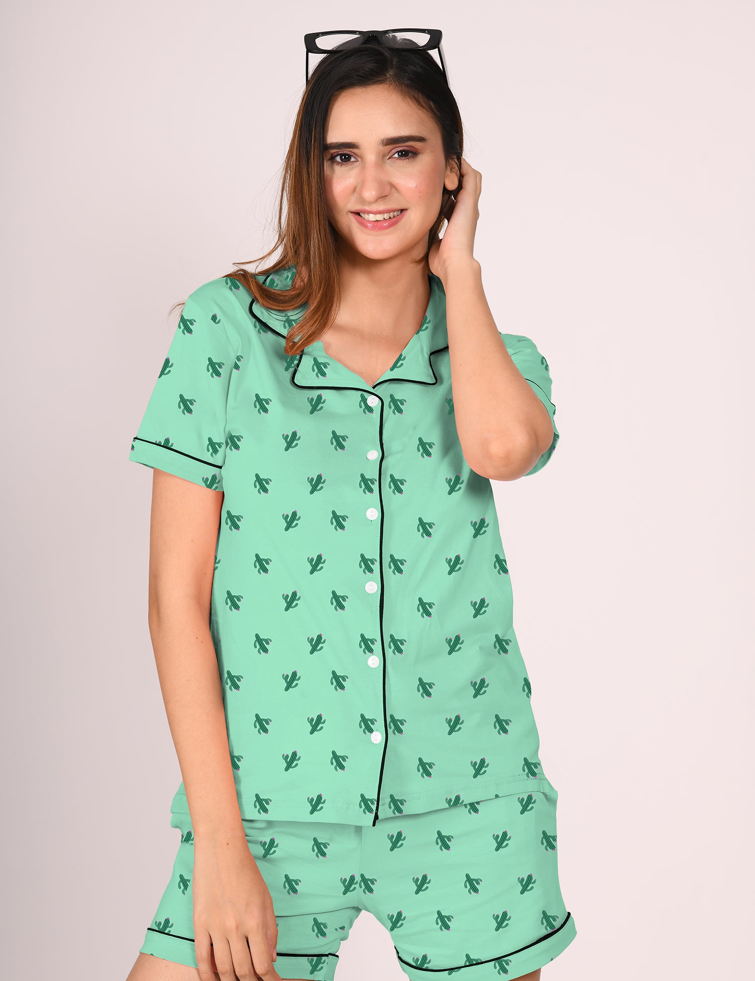 A young lady in stylish & comfortable green colour cactus print nightwear shorts set  for women by NapSotry