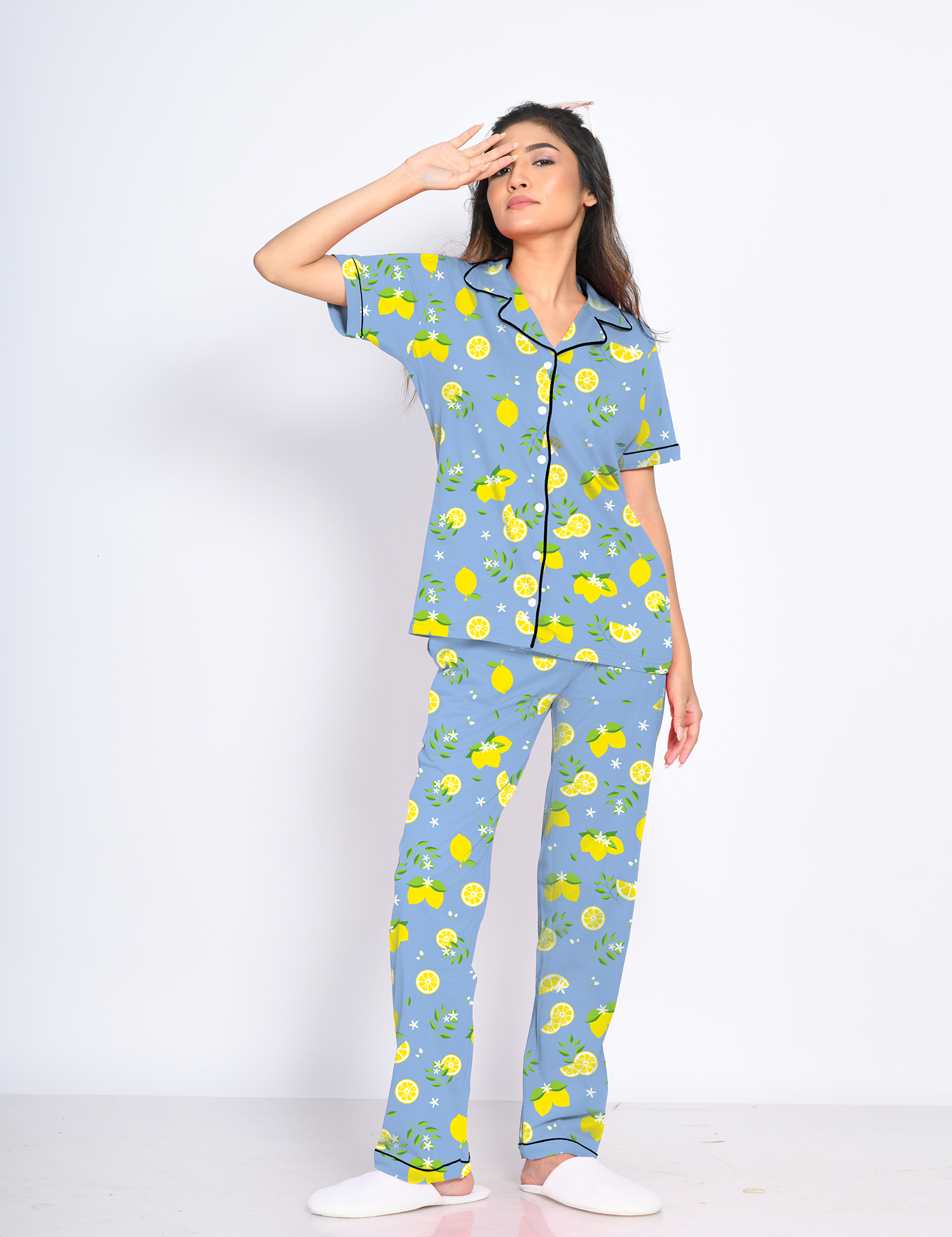 Front View of Napstory Lemon Print Pyjama Set - Woman with Hand on Head