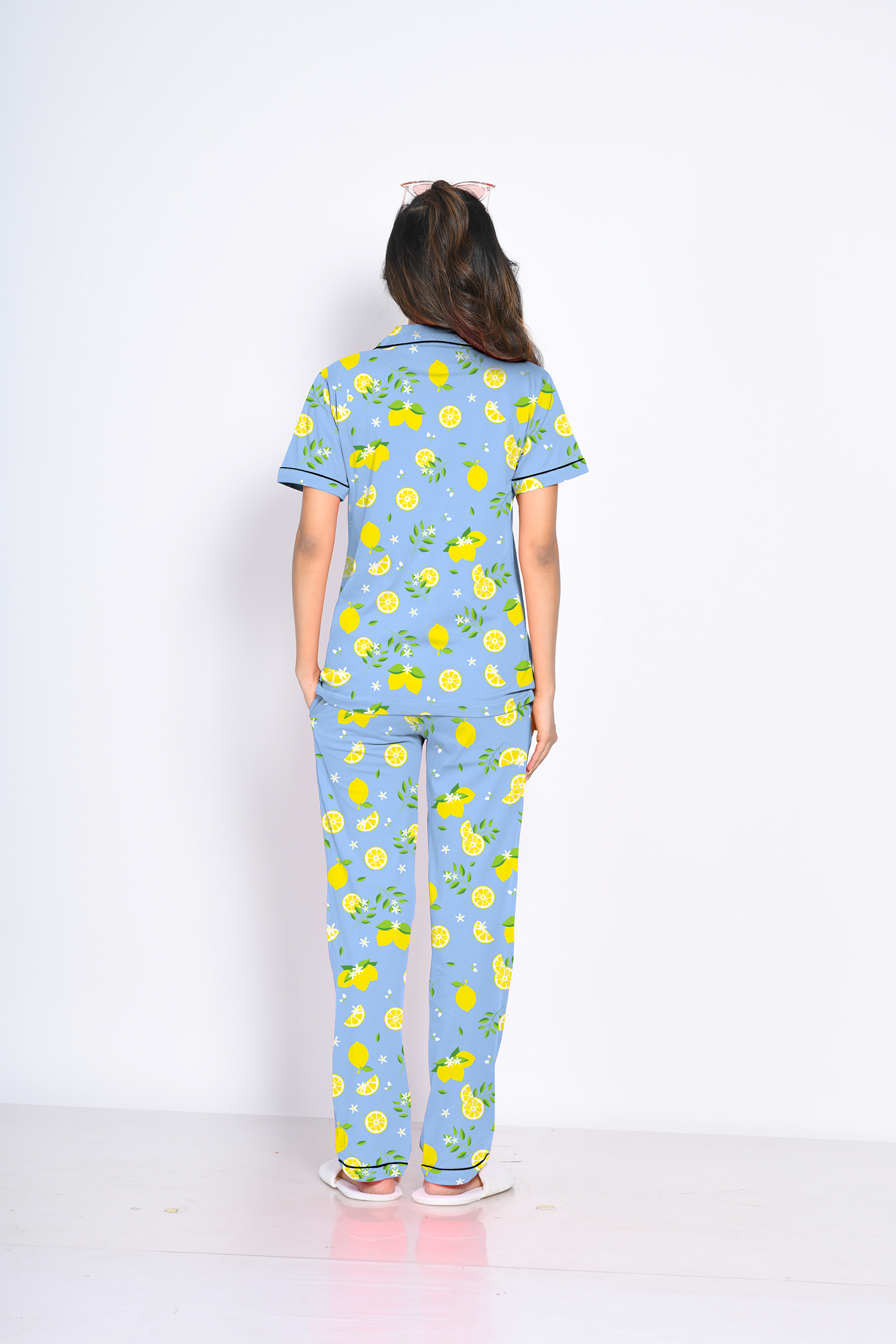 Back View of Napstory Lemon Print Pyjama Set - Trendy Nightwear