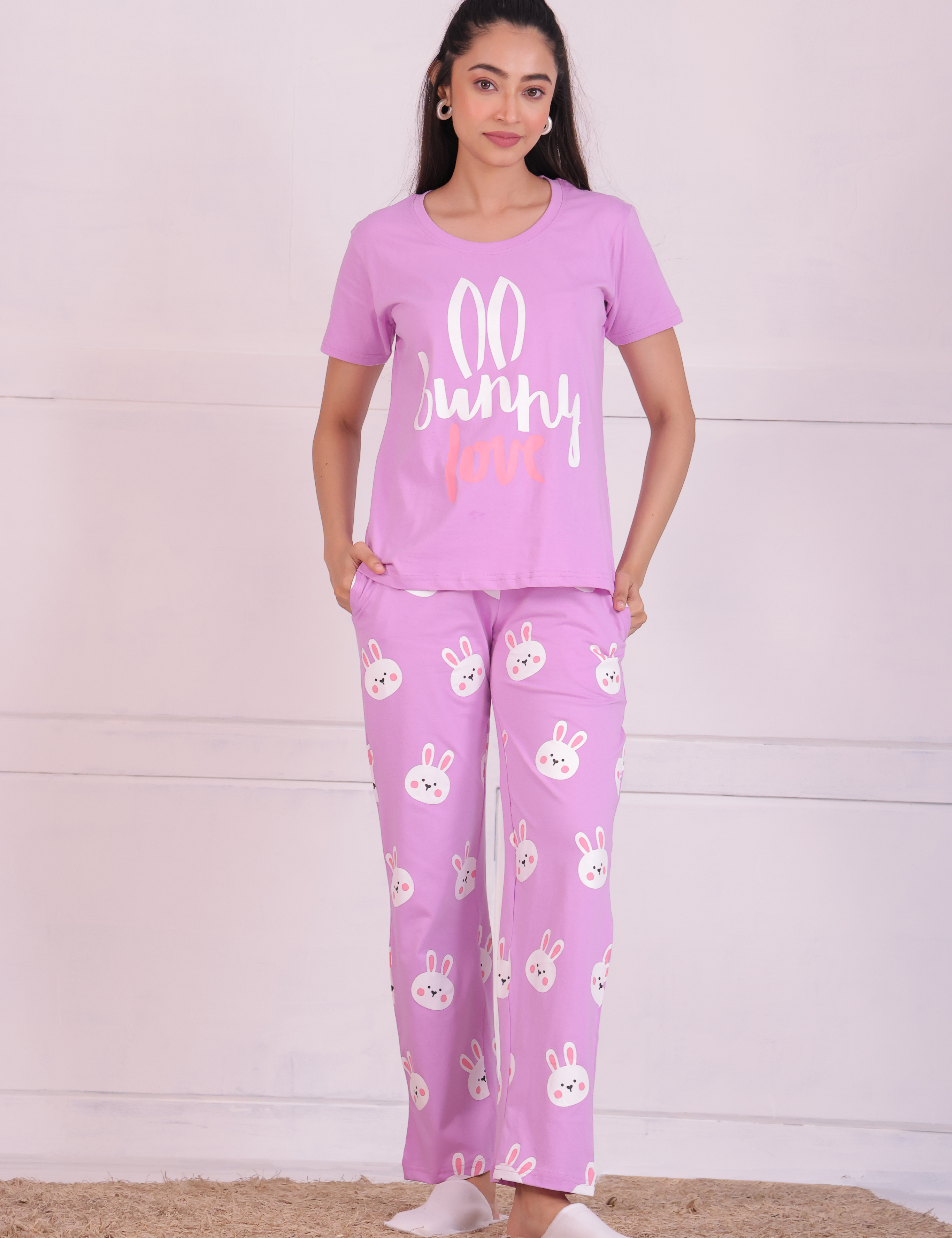 A young lady in Animal print bunny nightwear T-shirt and pyjama set by NapStory