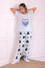 Stylish and trendy bows & heart print  white colour nightwear t-shirt pyjama Set by Napstory