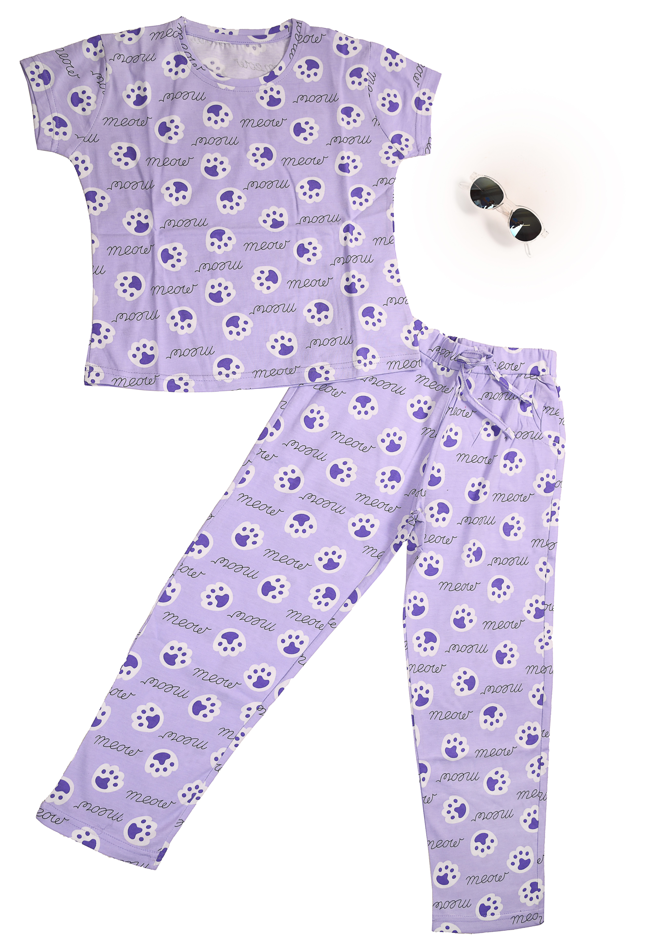 Purple colour Meow Kids Unisex Nightwear with kitten paws print.