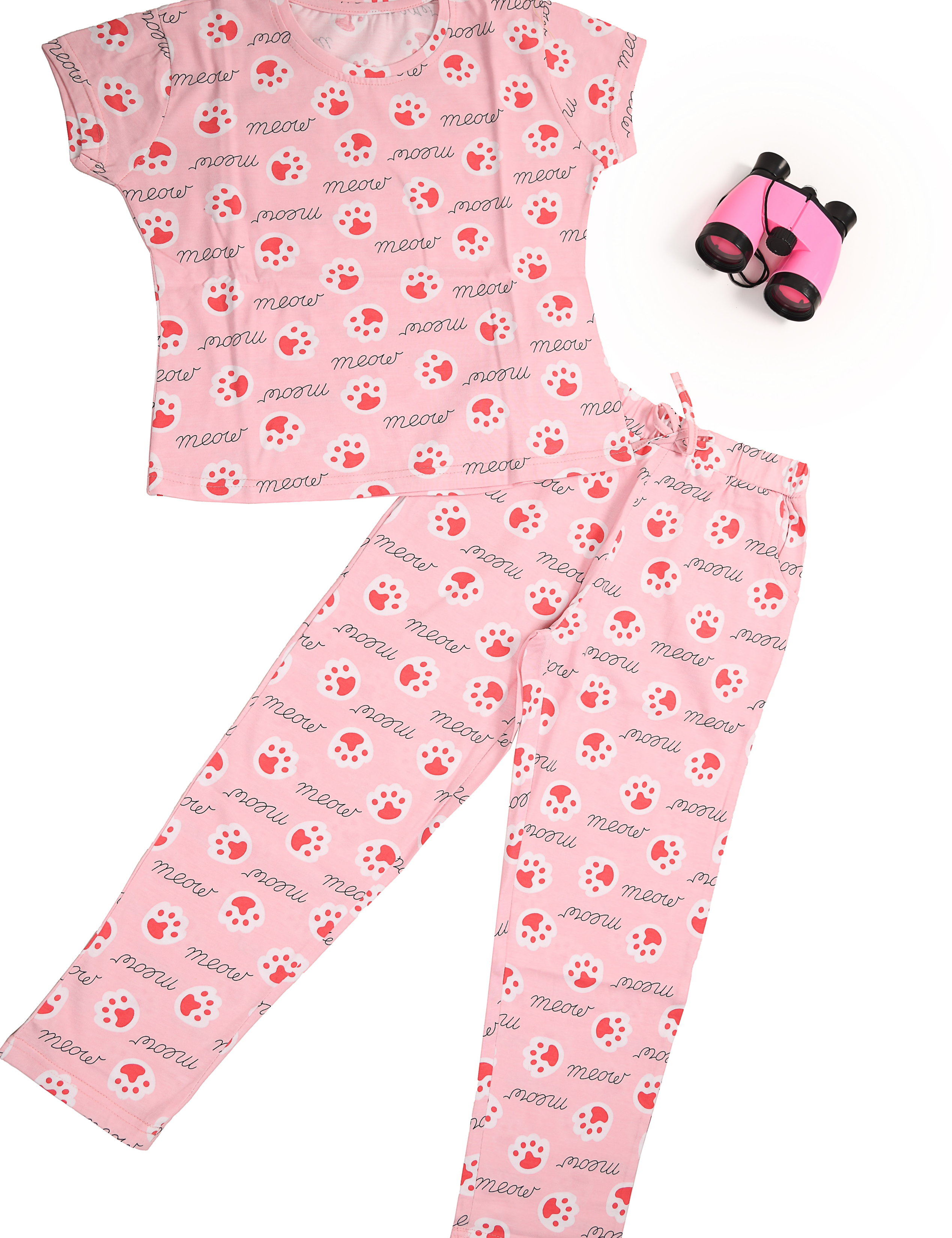 Pink Meow Kids Unisex Nightwear with kitten paws print.