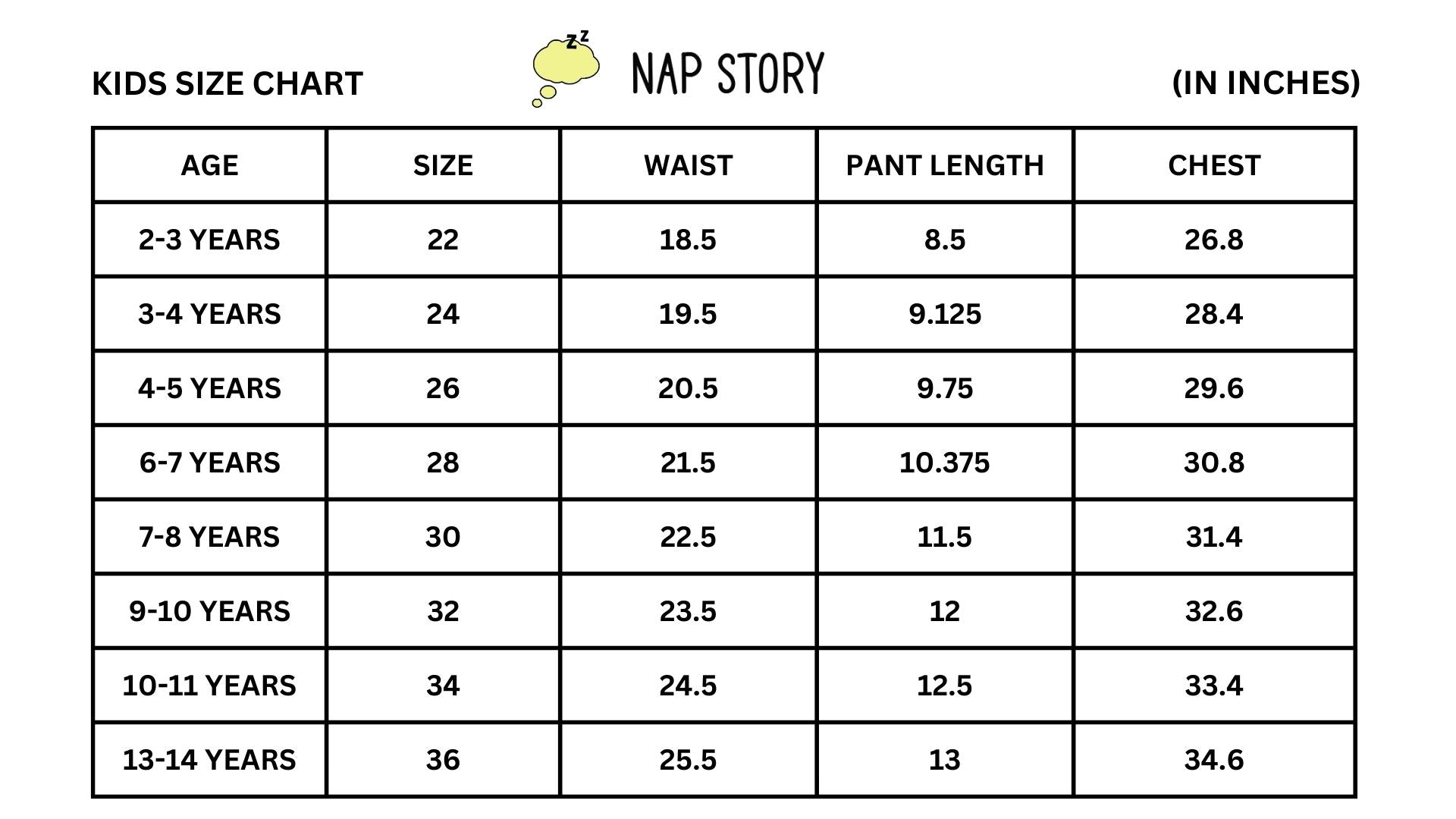 Size chart for unisex night suits/ nightwear pyjama set for kids by NapStory