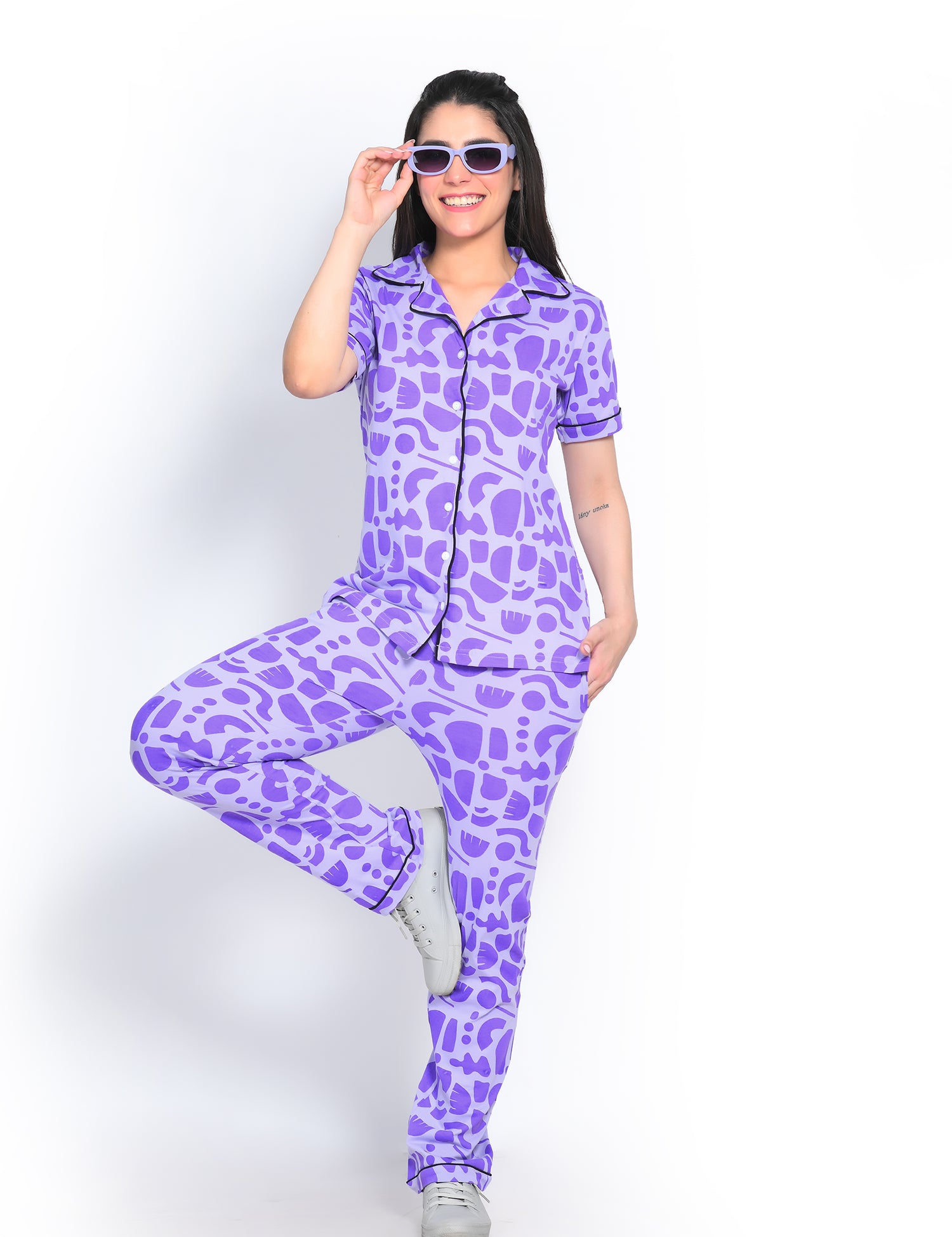 A Lady Flaunting a Abstract Print Nightwear Pyjama Set by Napstory