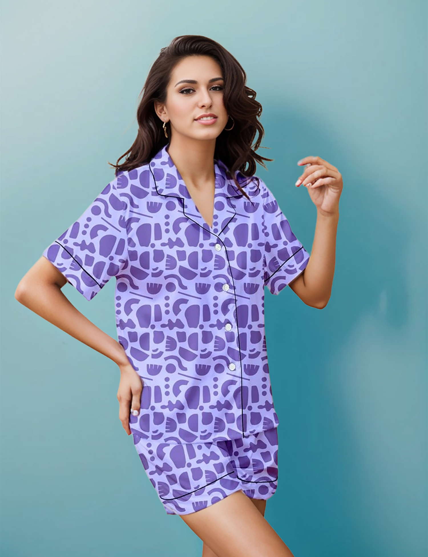 Product Image of 100% Cotton Purple Colour Abstract Print Nightwear Shorts Set by Napstory