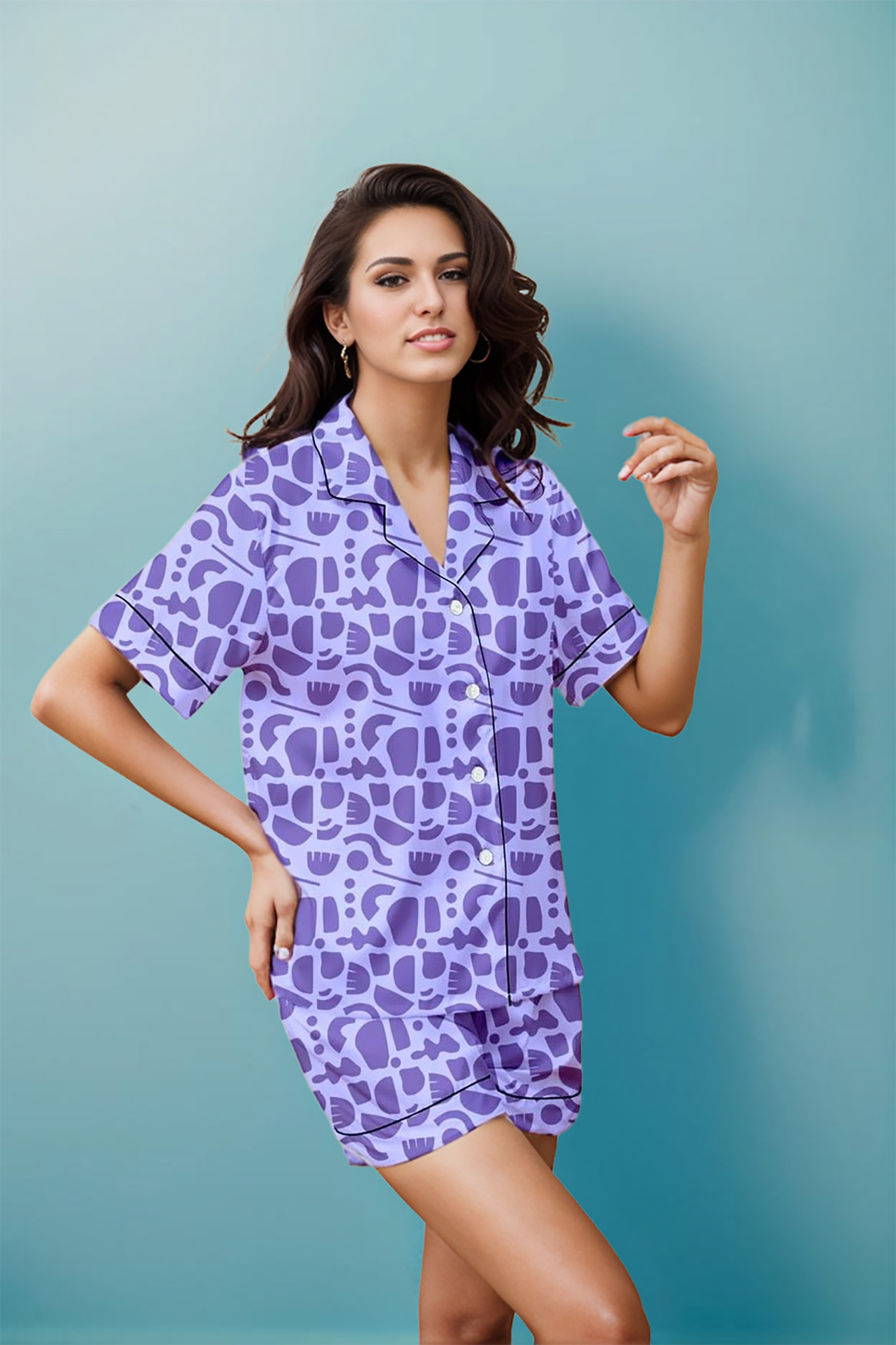 Product Image of 100% Cotton Purple Colour Abstract Print Nightwear Shorts Set by Napstory