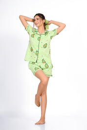 Woman Wearing Avocado (Fruit) Print nightwear Shorts Set by NapStory