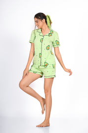 Woman Wearing Avocado (Fruit) Print nightwear Shorts Set by NapStory