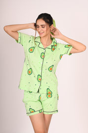 Woman Wearing Avocado (Fruit) Print nightwear Shorts Set by NapStory