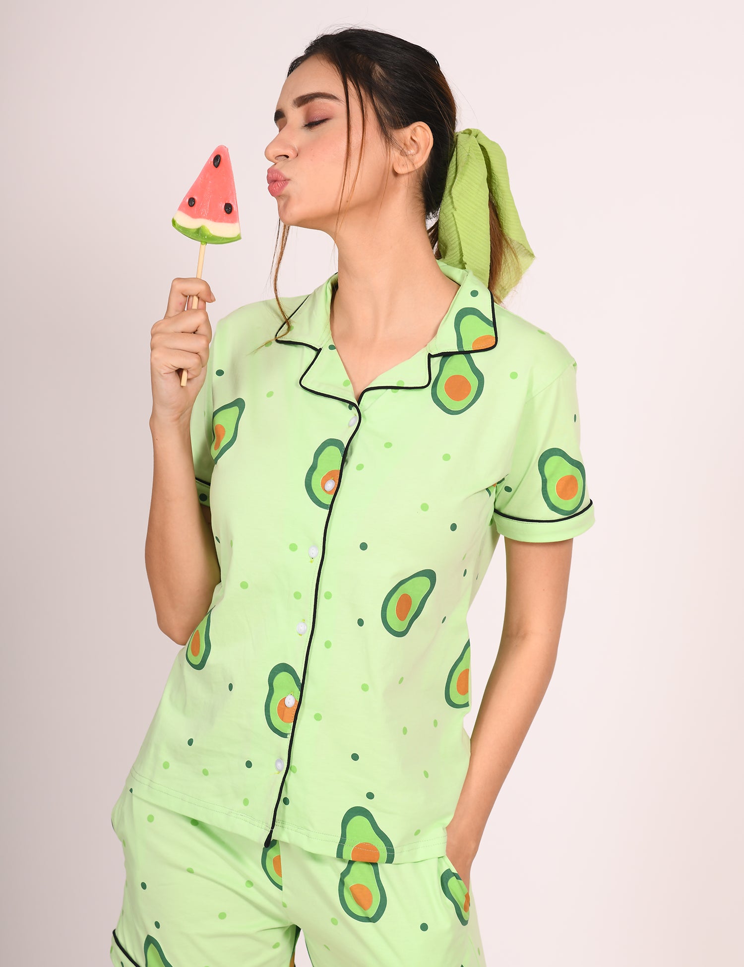 Woman Wearing Avocado (Fruit) Print Shorts Set by NapStory