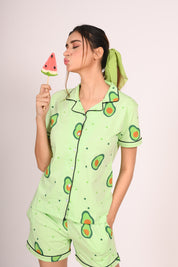 Woman Wearing Avocado (Fruit) Print Shorts Set by NapStory