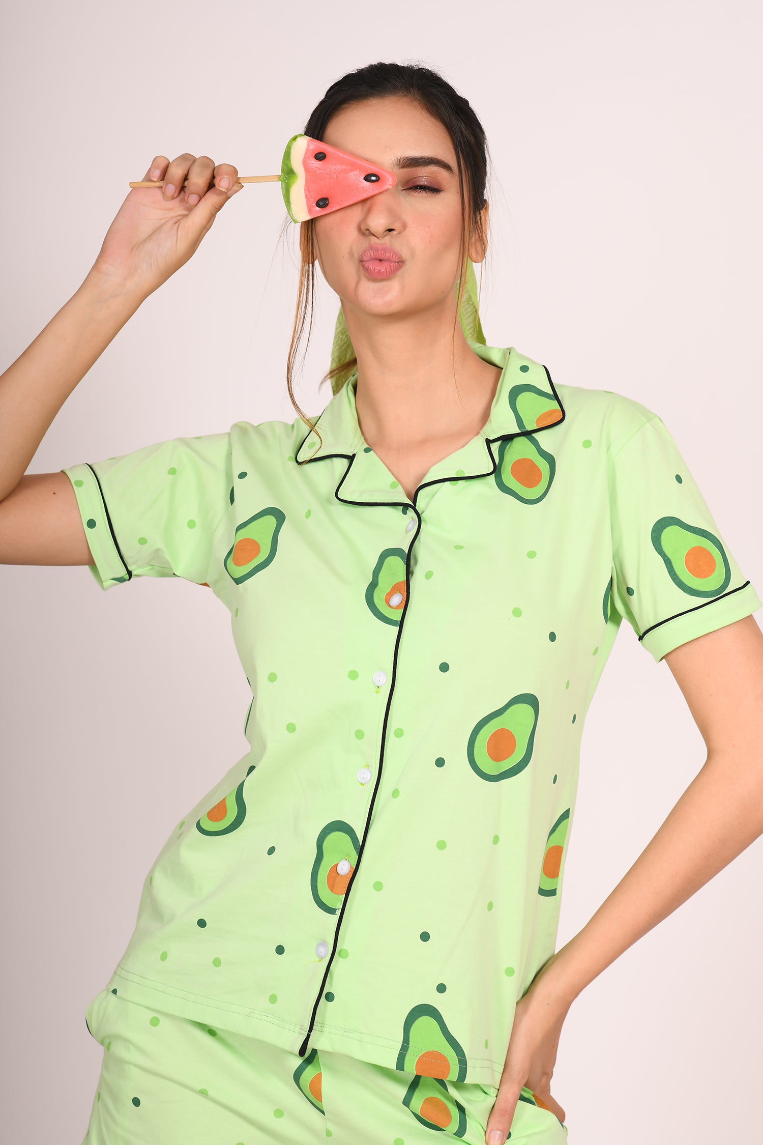 Woman Wearing Avocado (Fruit) Print nightwear Shorts Set by NapStory