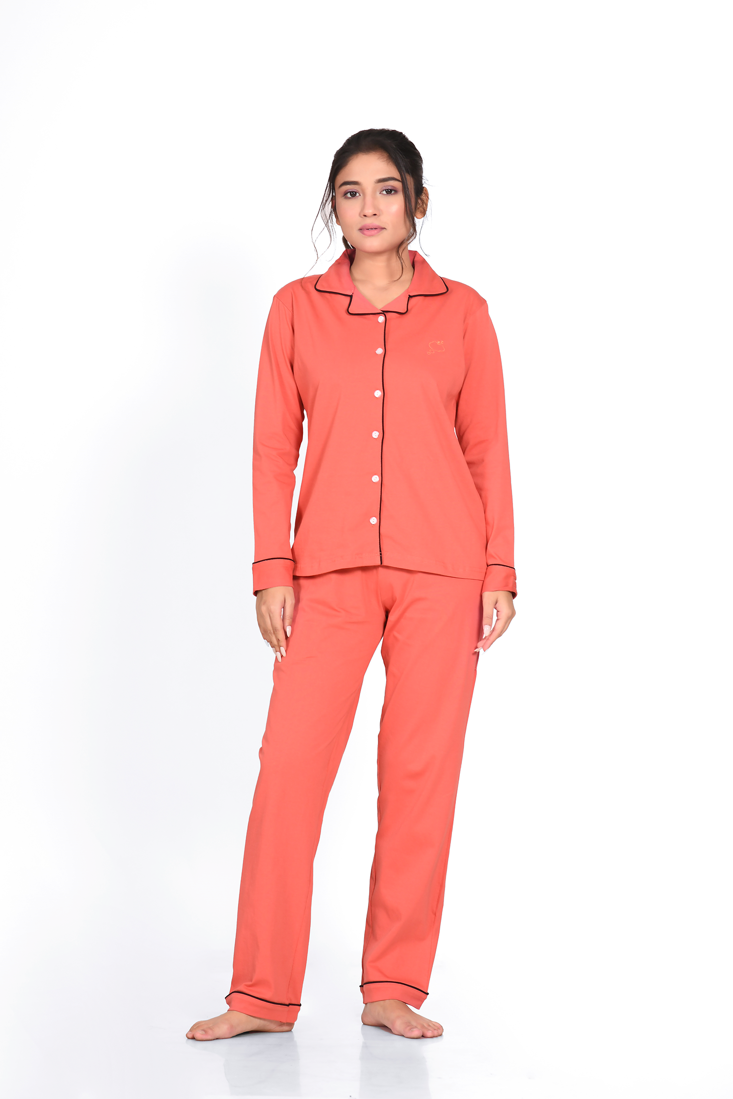 Coral Orange Full Sleeve Nightsuit Set - NapStory