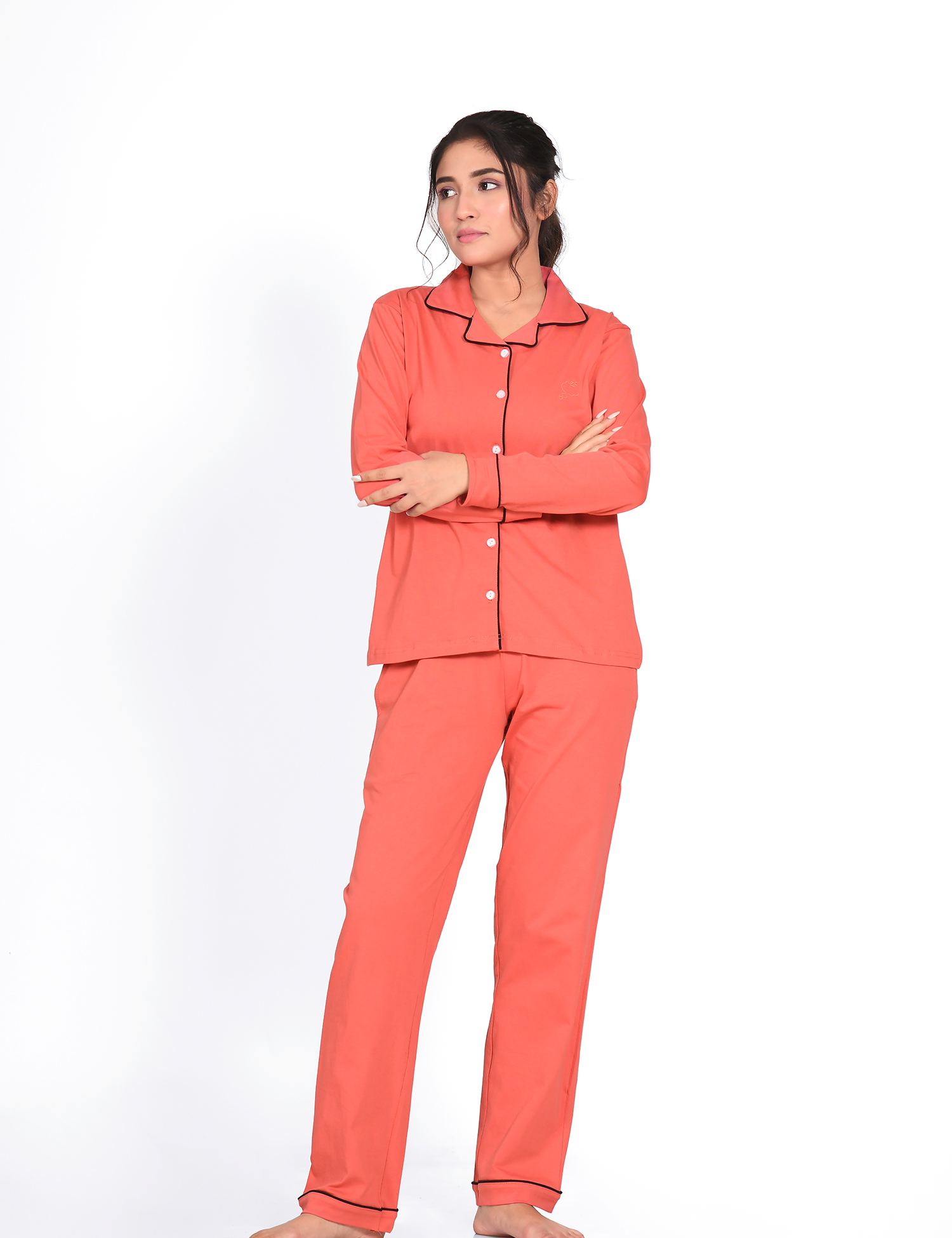 Coral Orange Full Sleeve Nightsuit Set - NapStory