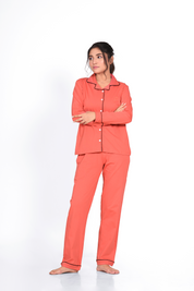 Coral Orange Full Sleeve Nightsuit Set - NapStory