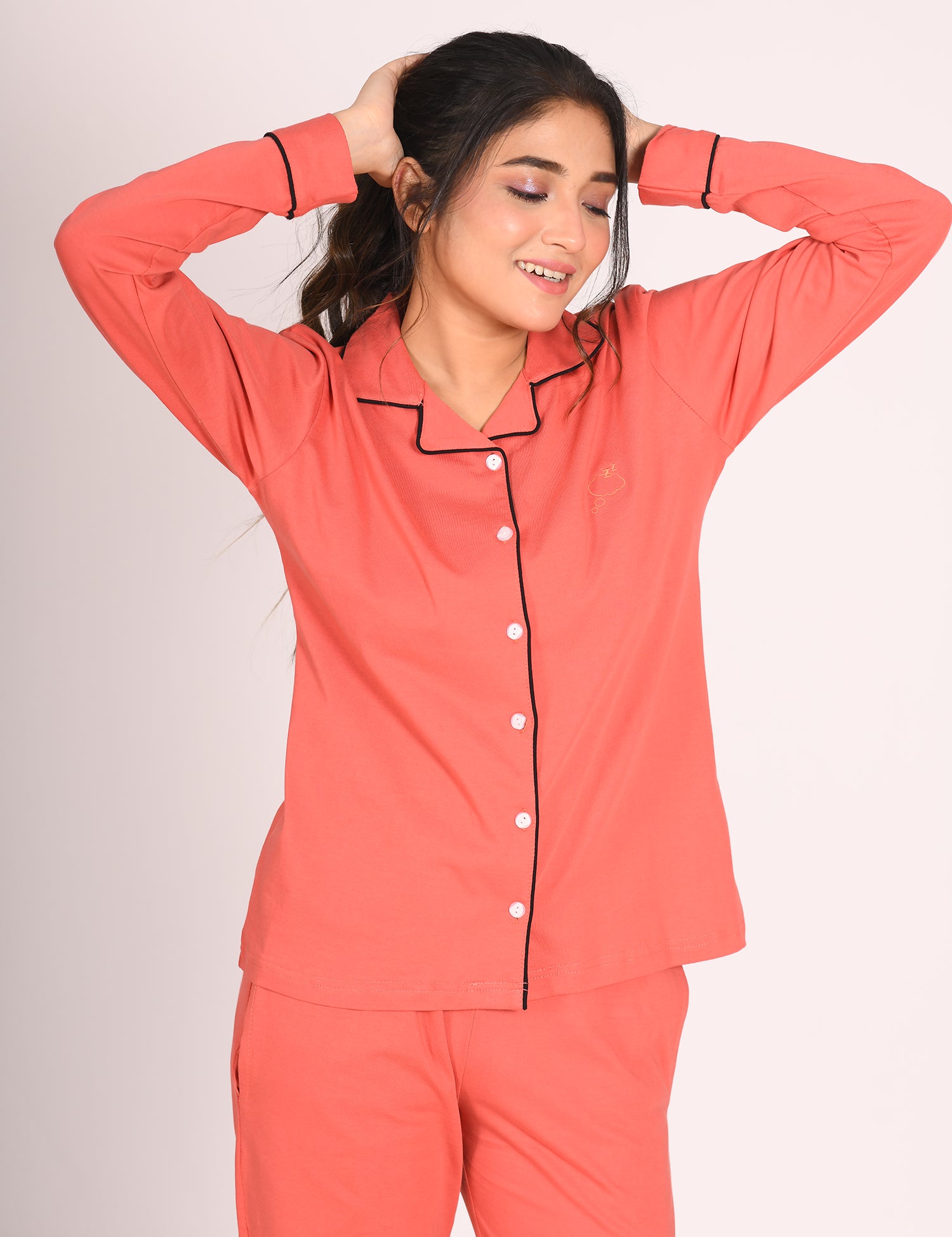 Coral Orange Full Sleeve Nightsuit Set - NapStory