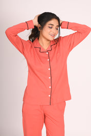 Coral Orange Full Sleeve Nightsuit Set - NapStory