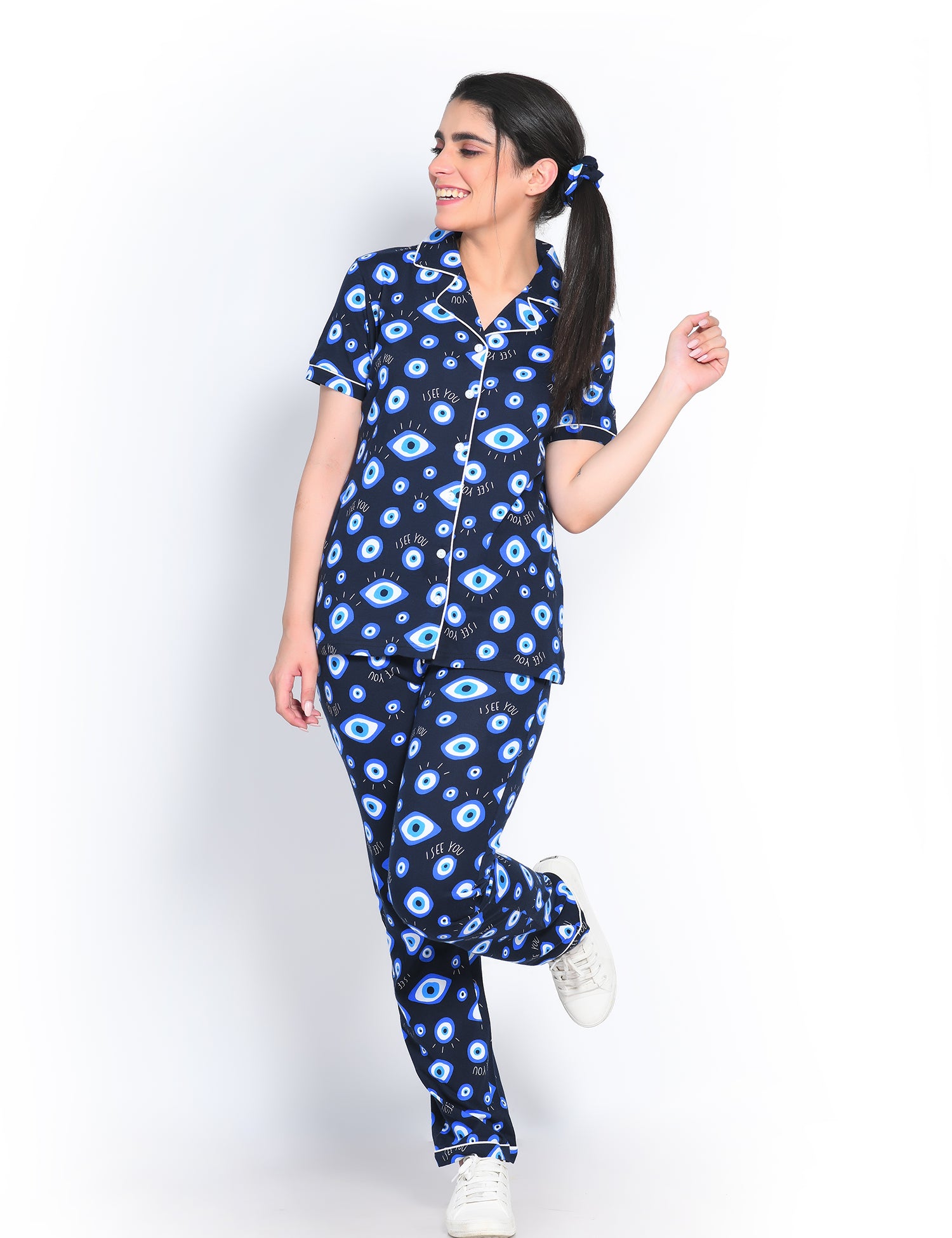 Front View of Napstory Evil Eye Print Pyjama Set - Breathable 100% Cotton Fabric