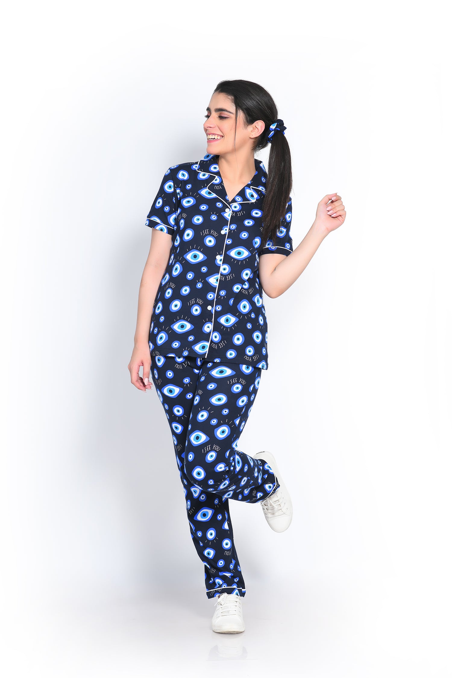 Front View of Napstory Evil Eye Print Pyjama Set - Breathable 100% Cotton Fabric