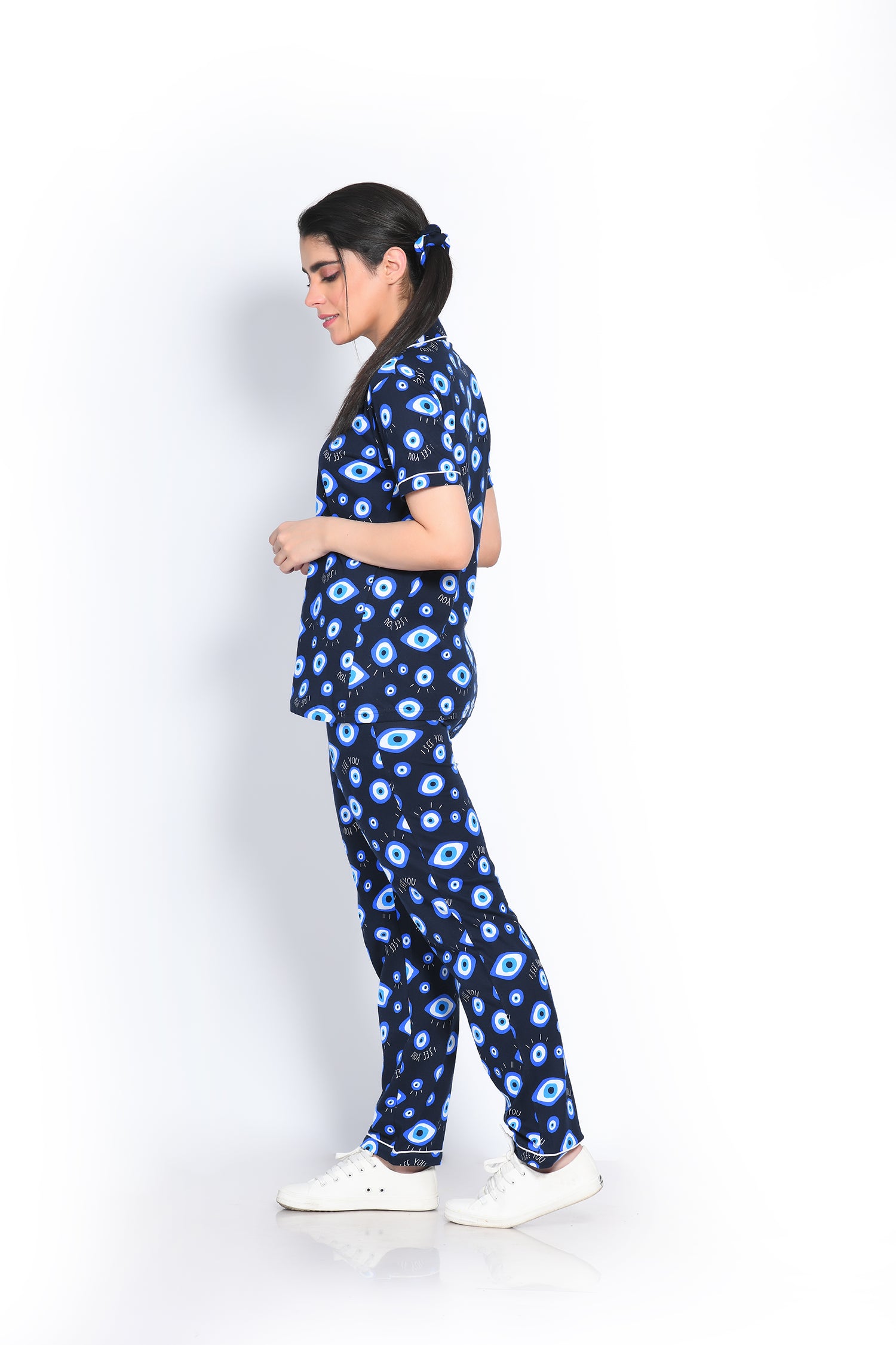 Left Side View of Napstory Evil Eye Print Pyjama Set - Trendy Nightwear