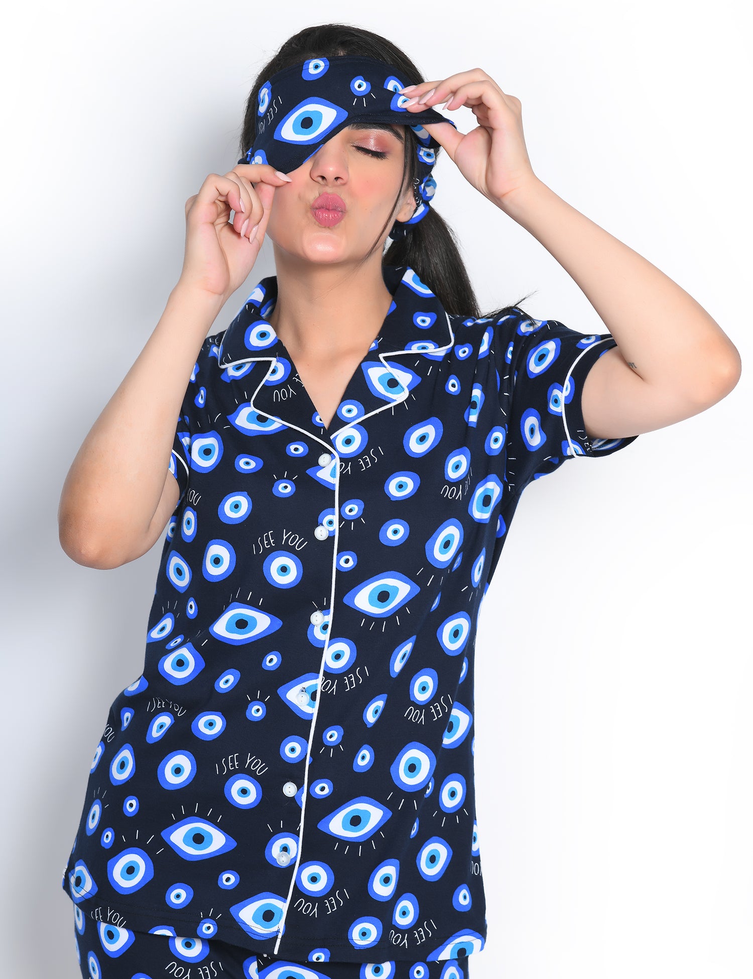 Napstory Evil Eye Print Pyjama Set - Front View with Evil Eye on