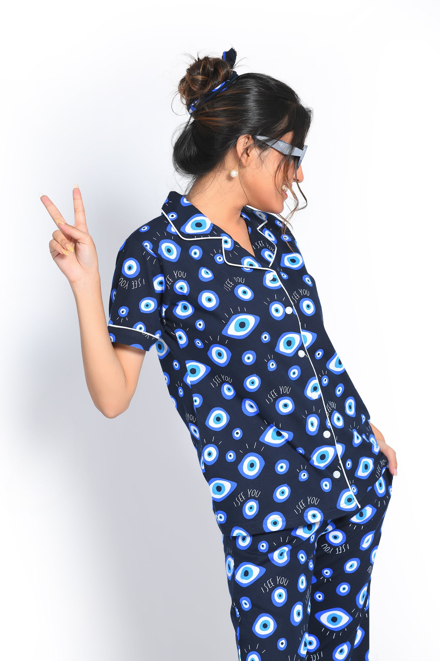 Right Side View of Napstory Evil Eye Print Pyjama Set - Cotton Pyjama Set