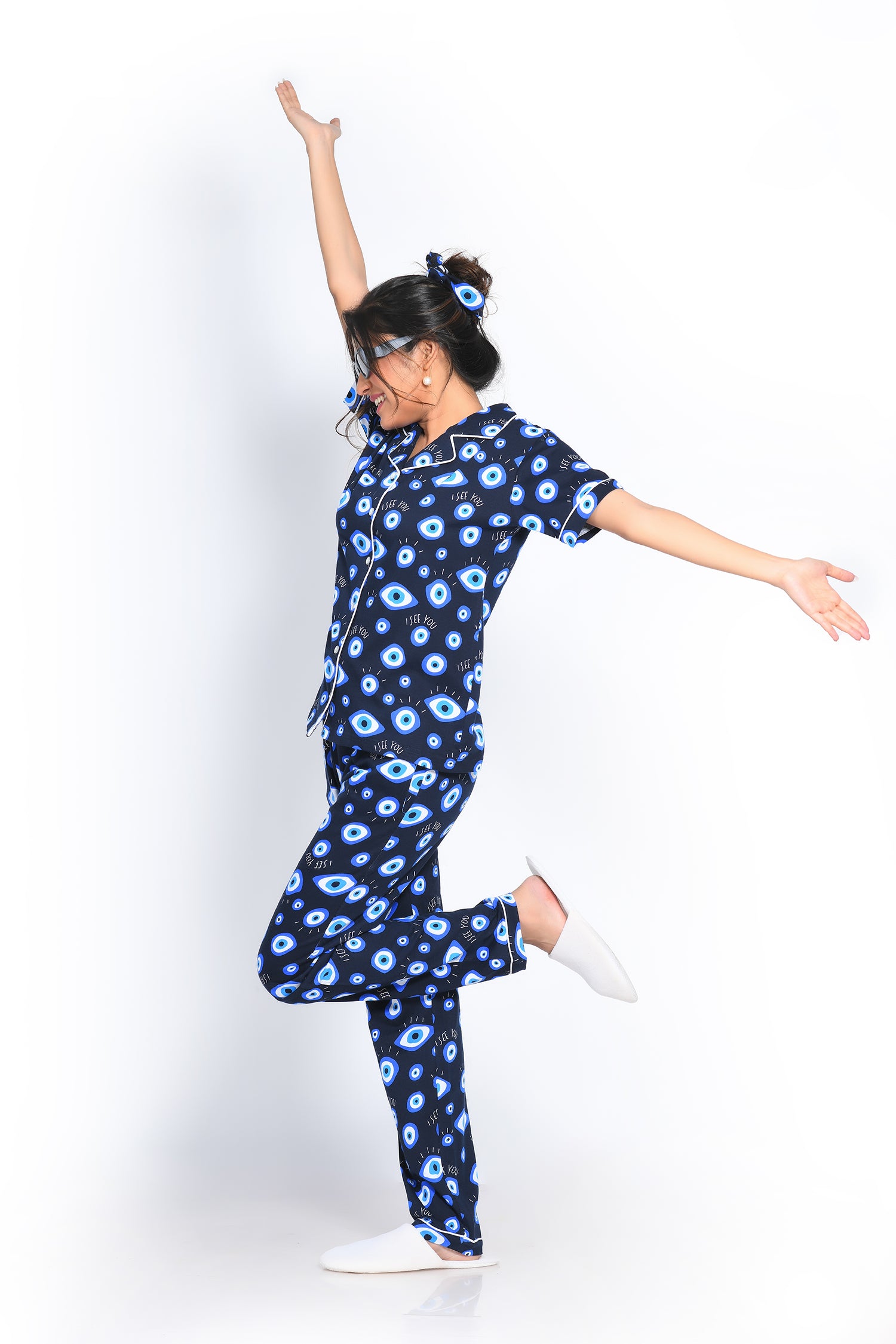 Front View of Napstory Evil Eye Print Pyjama Set - 100% Cotton