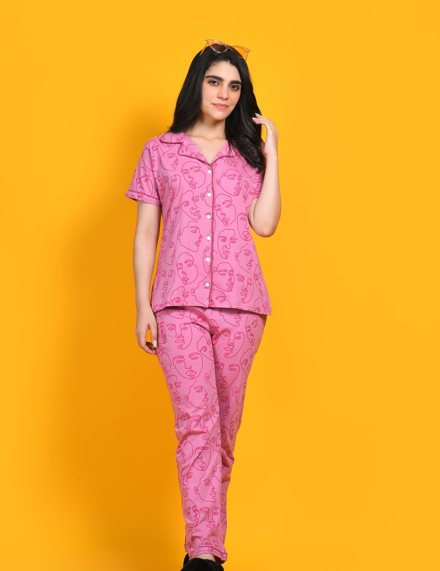 A Girl Standing in Human Face Print Nightwear Pyjama Set by  NapStory