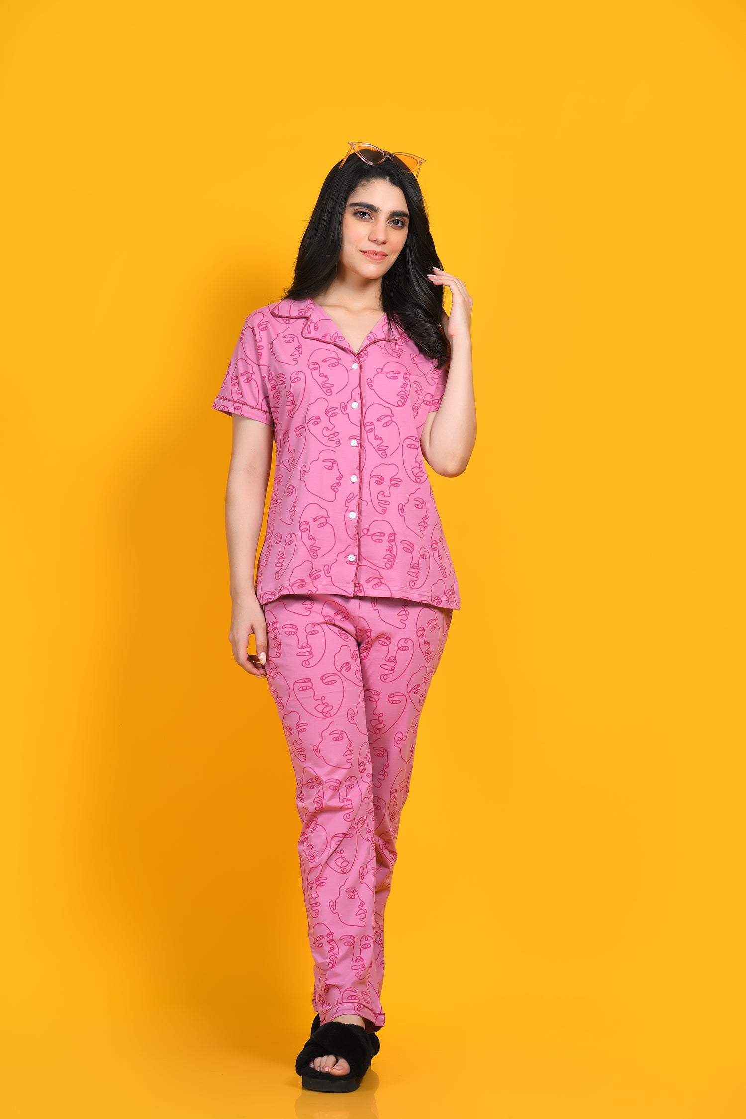 A Girl Standing in Human Face Print Nightwear Pyjama Set by  NapStory