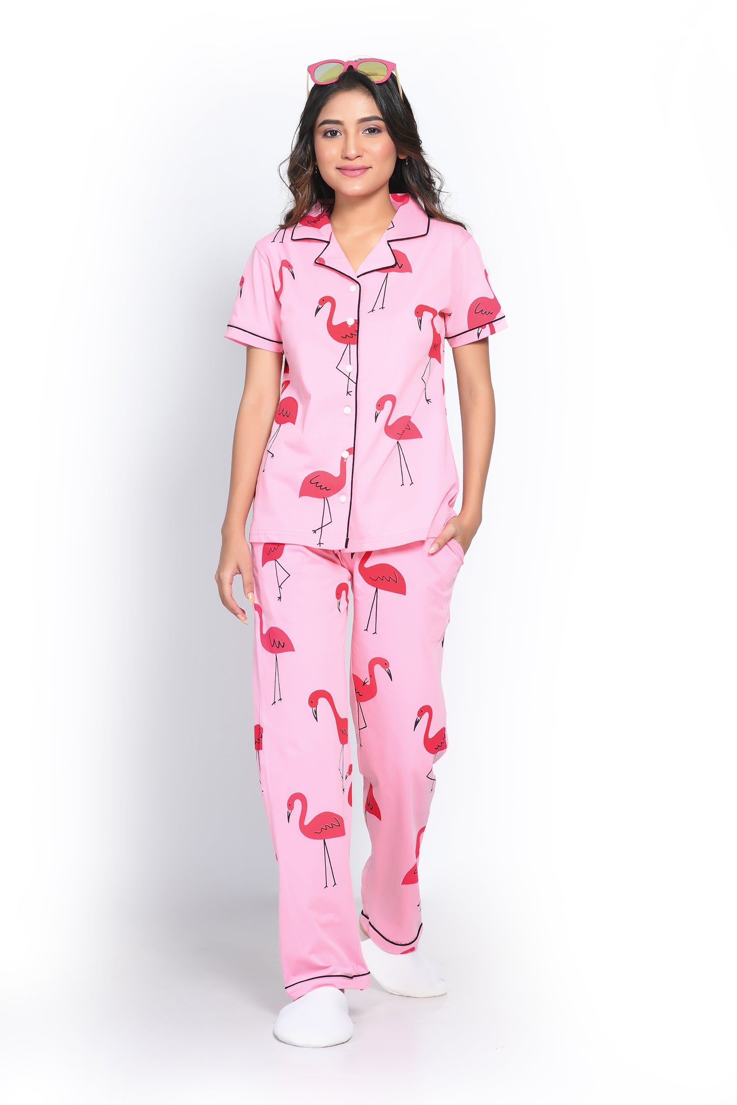 Front View of Flamingo Print Pyjama Set - 100% Cotton Nightwear