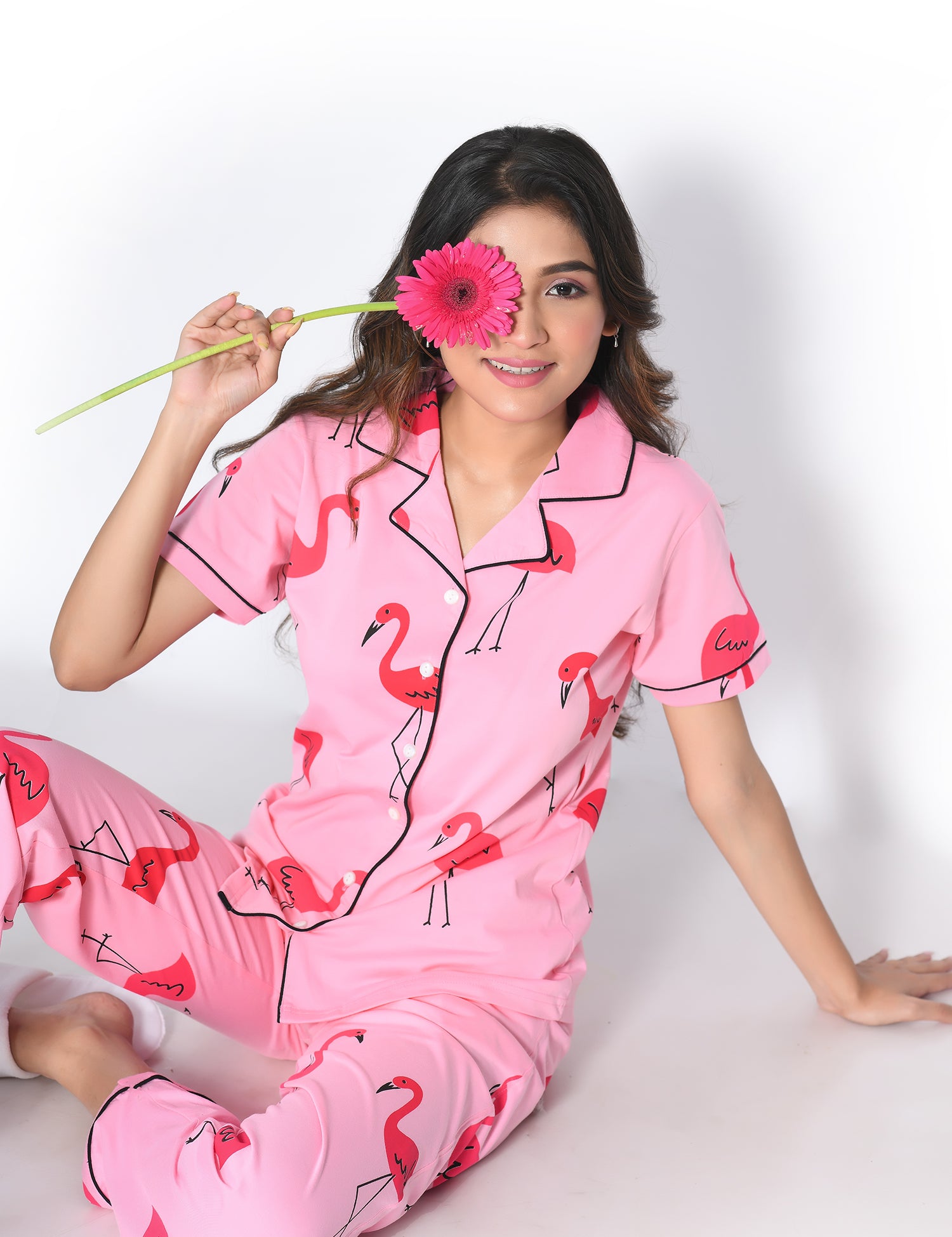 Front View of Flamingo Print Pyjama Set - 100% Cotton Nightwear