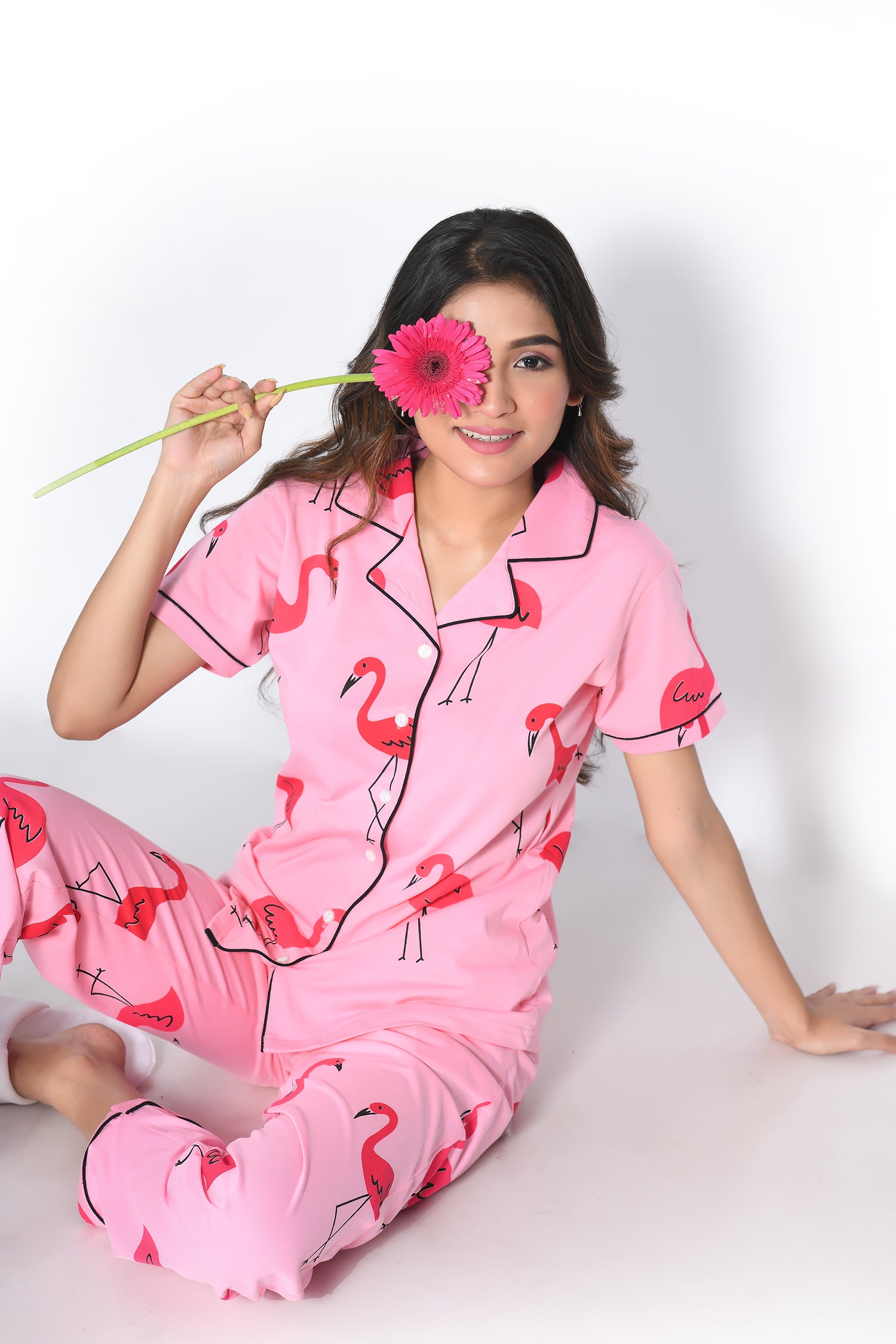 Front View of Flamingo Print Pyjama Set - 100% Cotton Nightwear