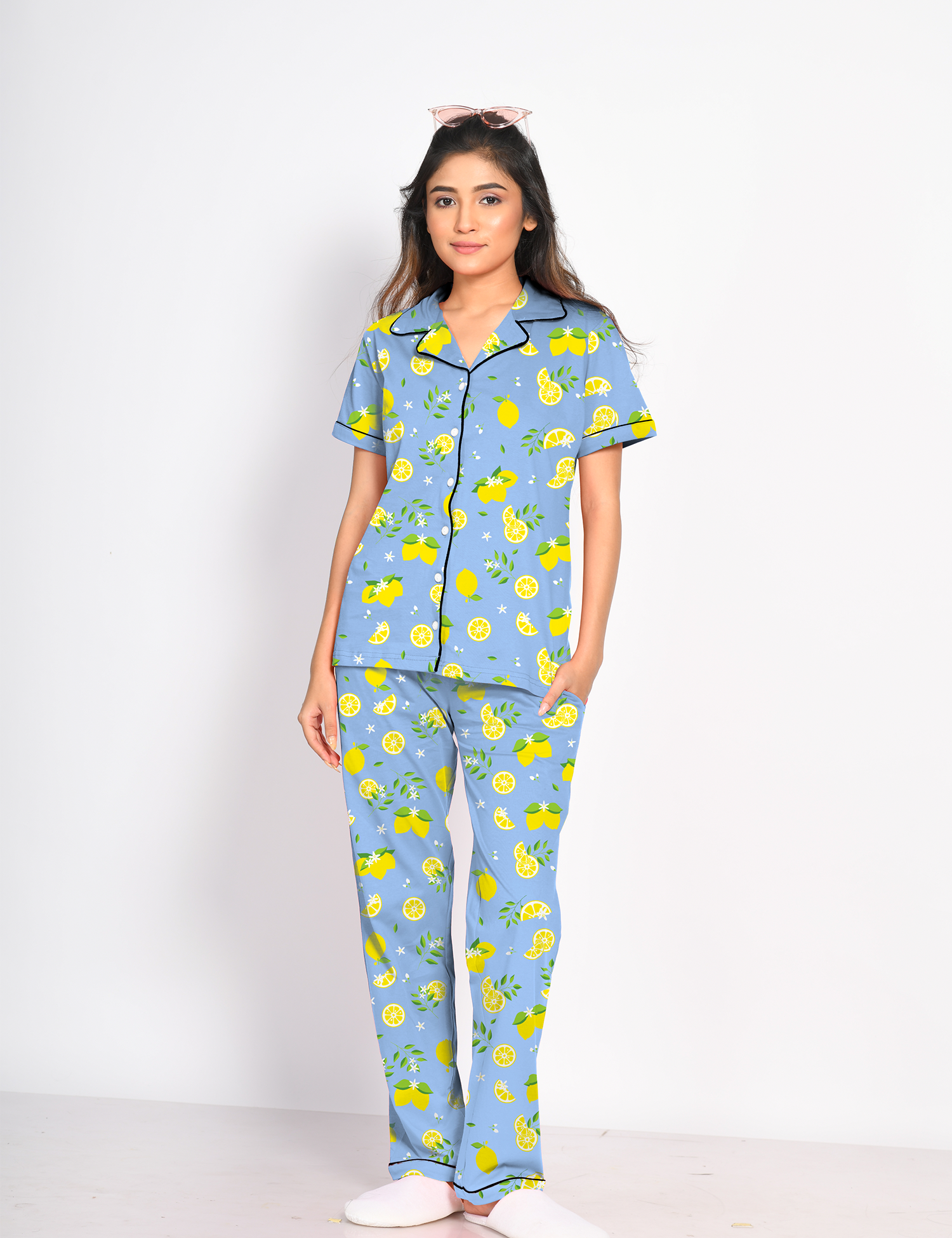 Front View of Napstory's Lemon Print Pyjama Set - 100% Cotton