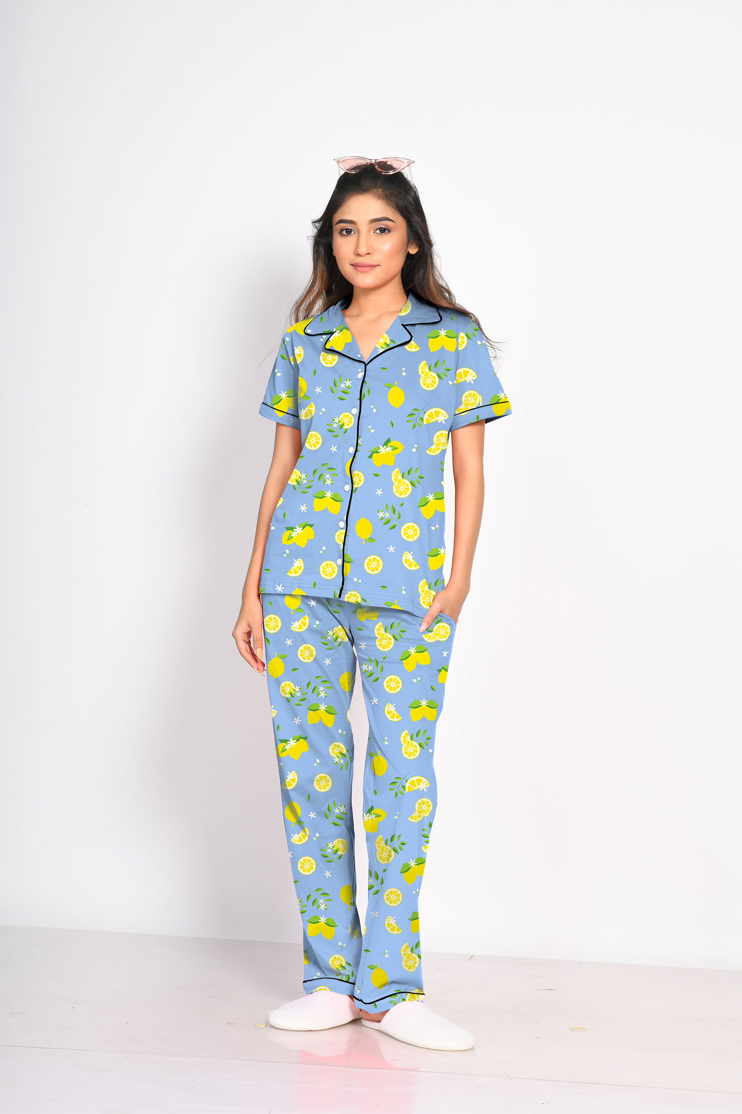 Front View of Napstory's Lemon Print Pyjama Set - 100% Cotton