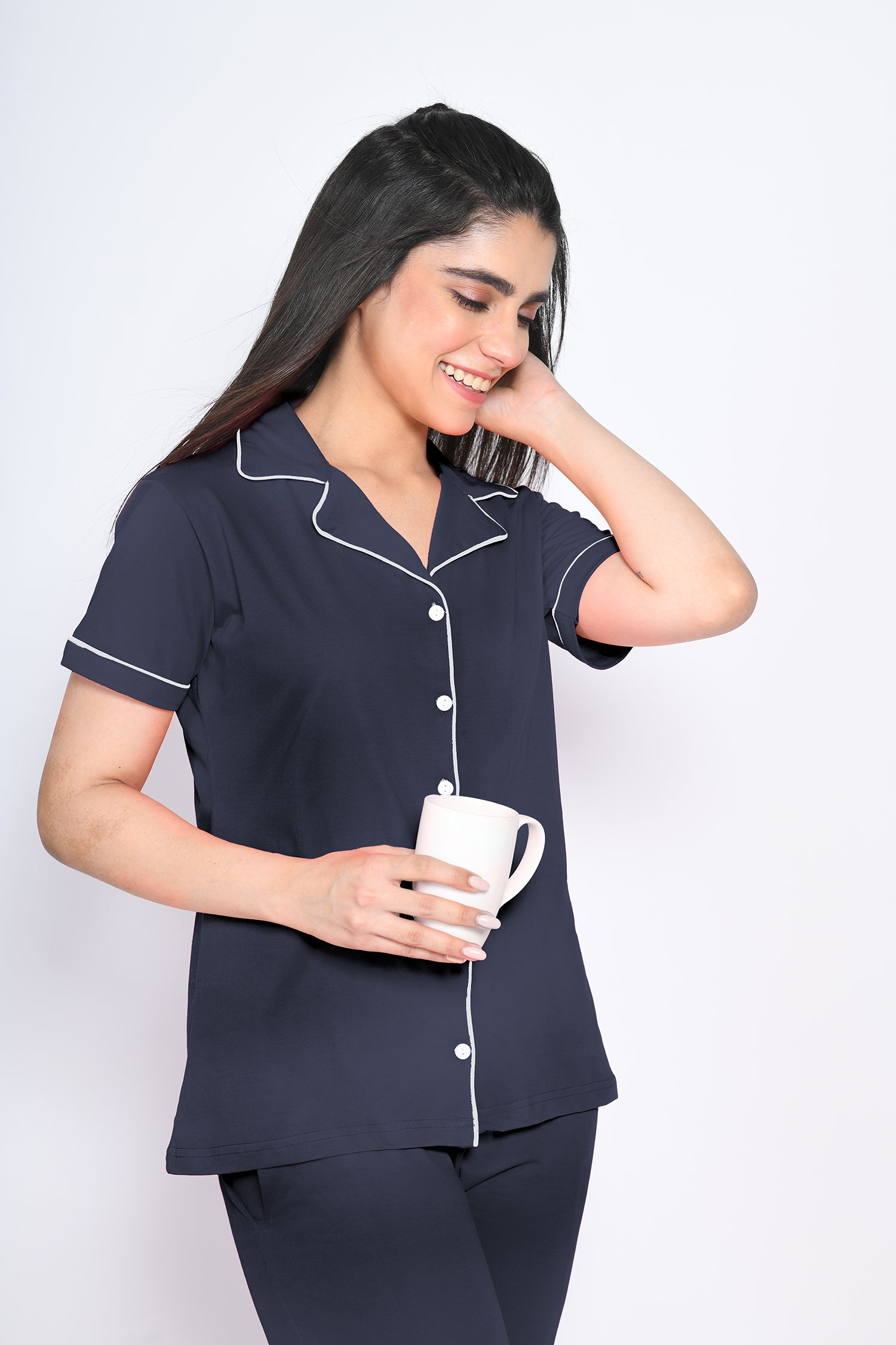 Navy Blue Solid Pyjama Set