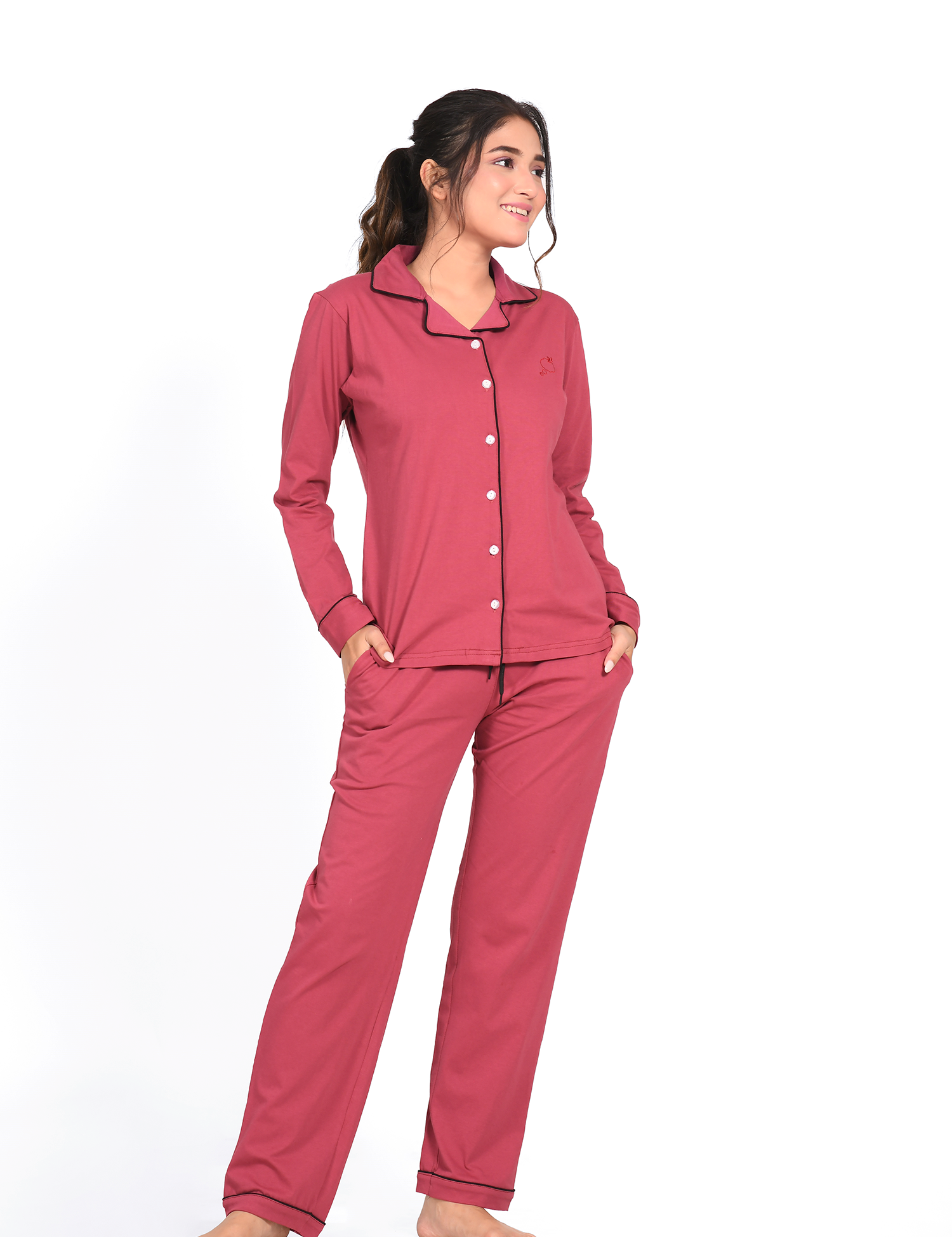 Deep Ruby Colour Full Sleeve Nightsuit Set by NapStory