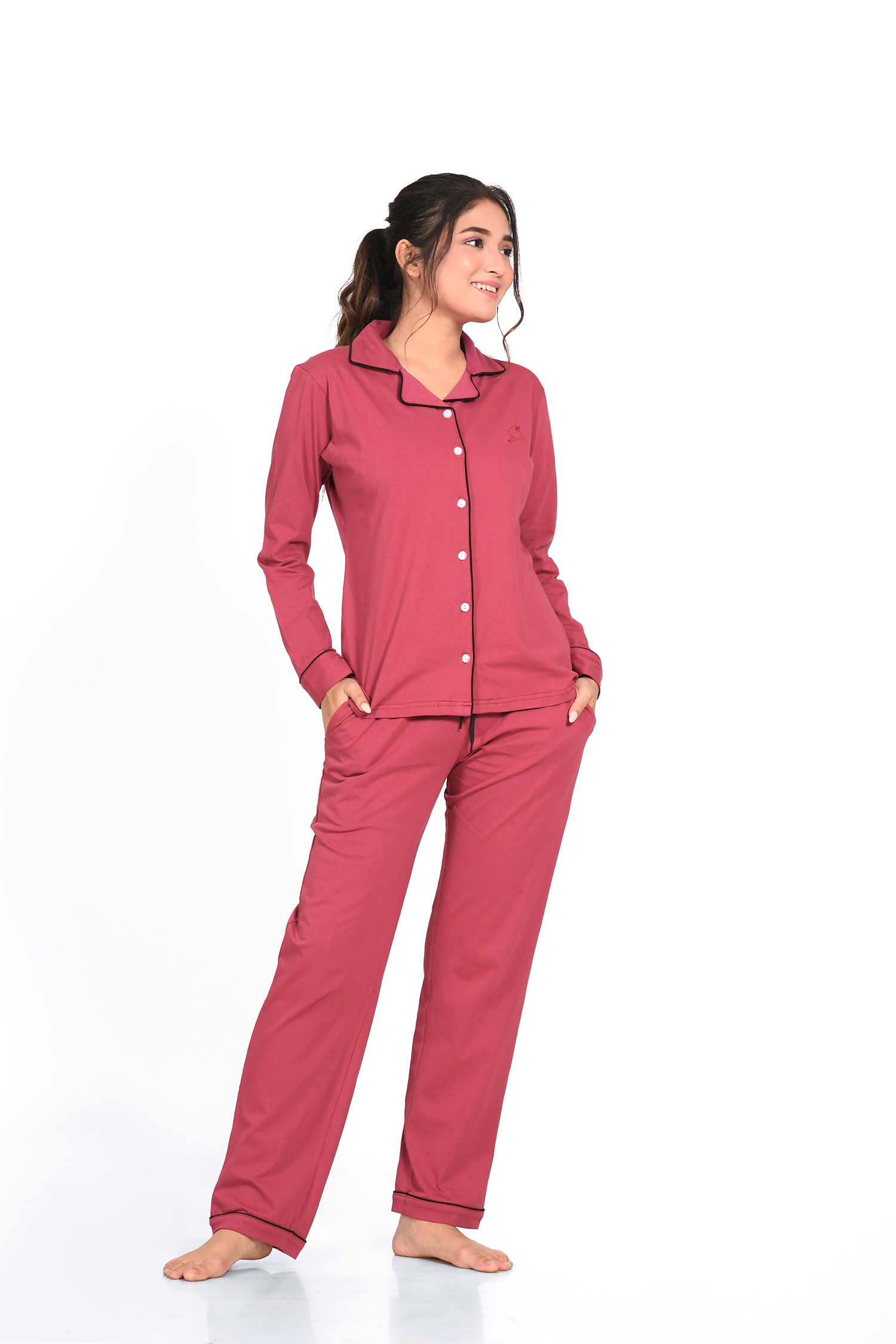 Deep Ruby Colour Full Sleeve Nightsuit Set by NapStory