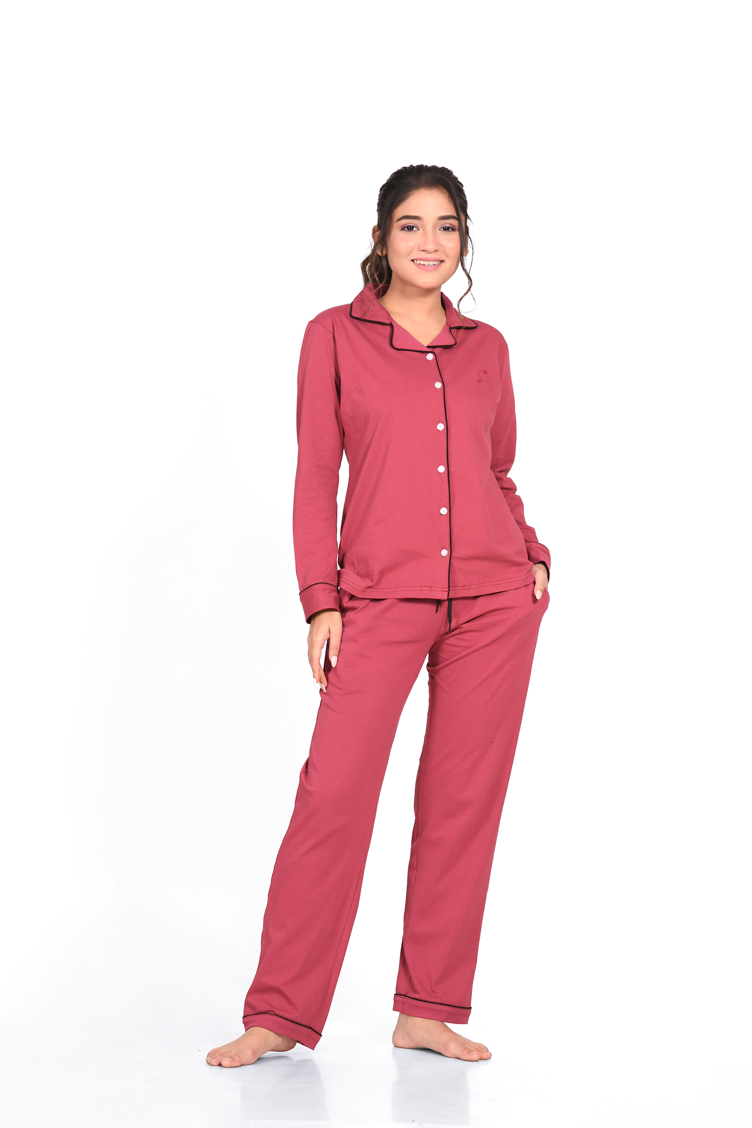 Deep Ruby Colour Full Sleeve Nightsuit Set by NapStory