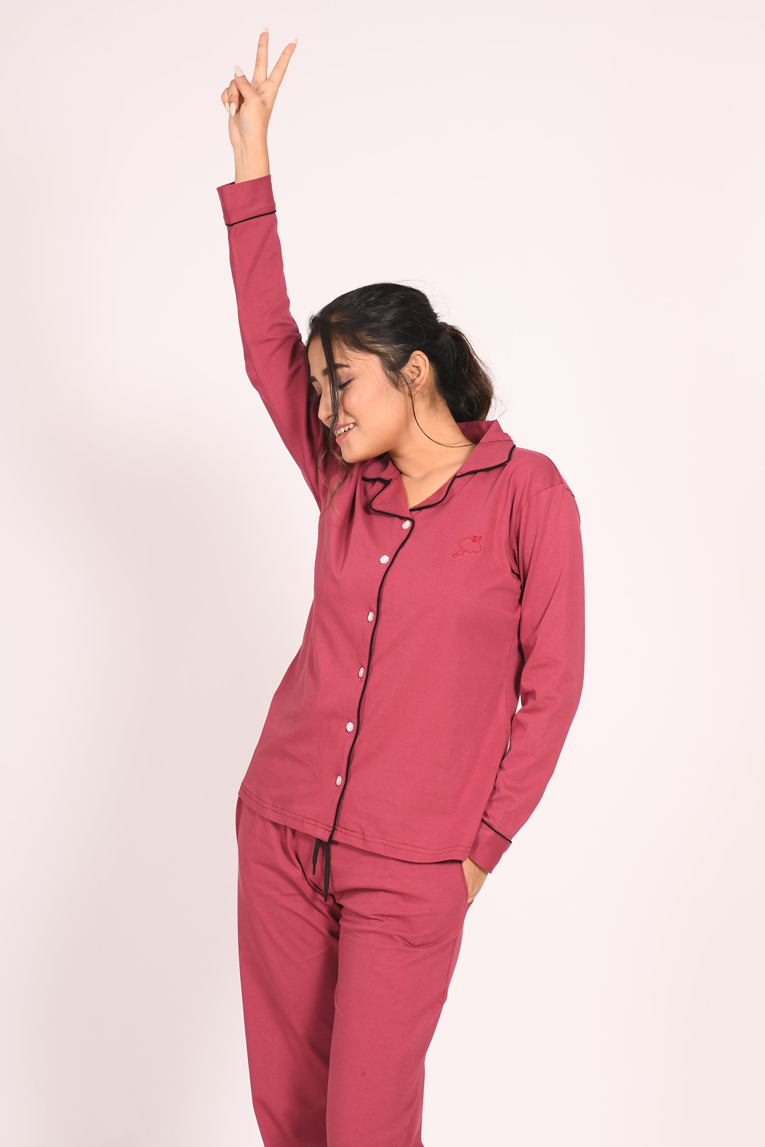 Deep Ruby Colour Full Sleeve Nightsuit Set by NapStory